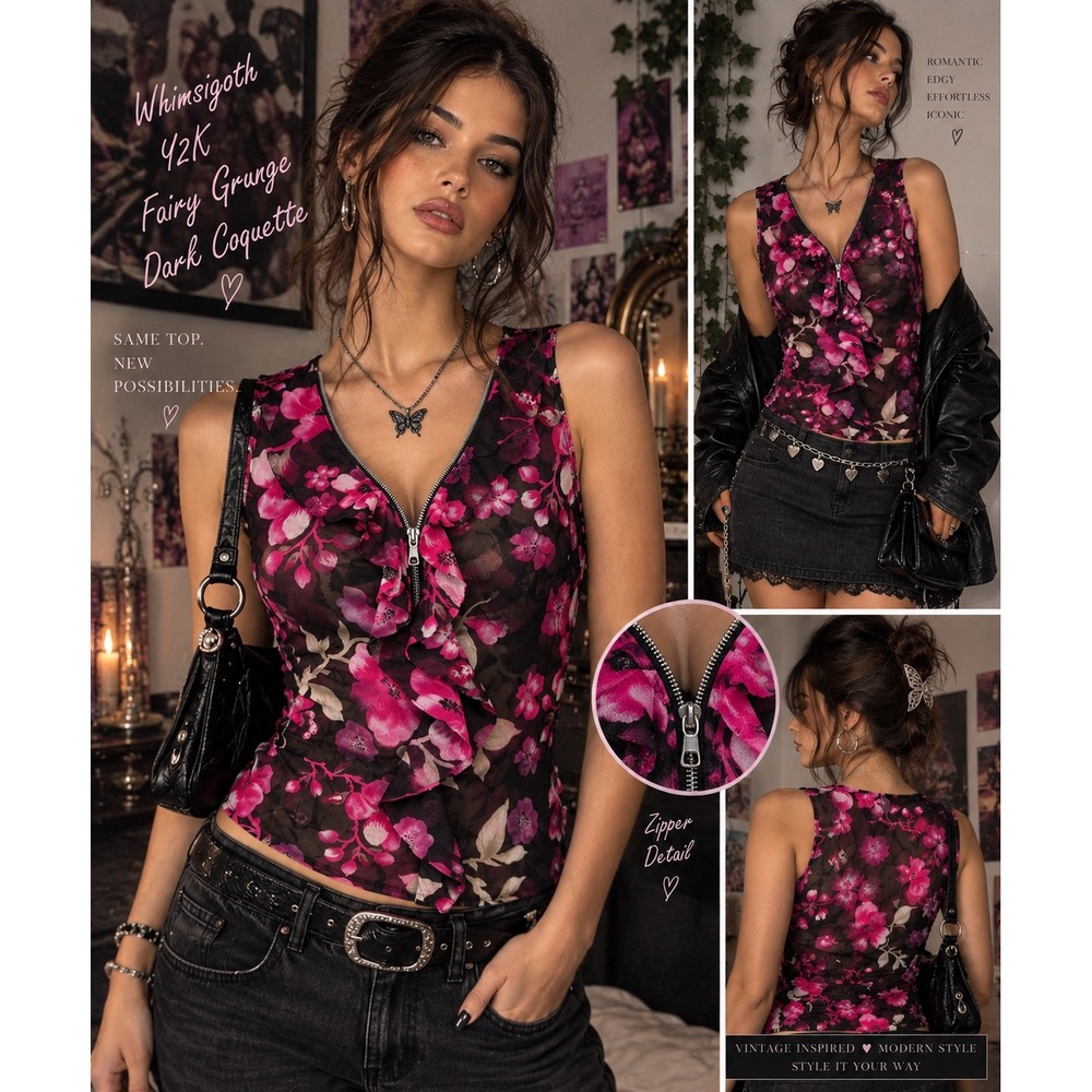 Y2K Pink Floral Mesh Ruffle Zipper Top L Sheer Whimsigoth Fairy Grunge Coquette
